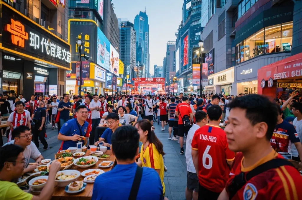 球迷在城市街区体验餐饮和旅游消费的概念图